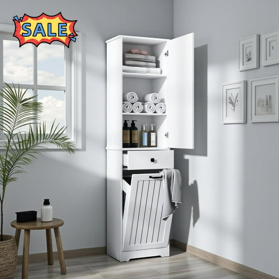 Tcbosik Tall Bathroom Cabinet with Removable Cloth Bag, Tilt Out Laundry Hamper Cabinet with Drawer and Door, Hidden Laundry Hamper Organizer with Shelves for Small Space, White