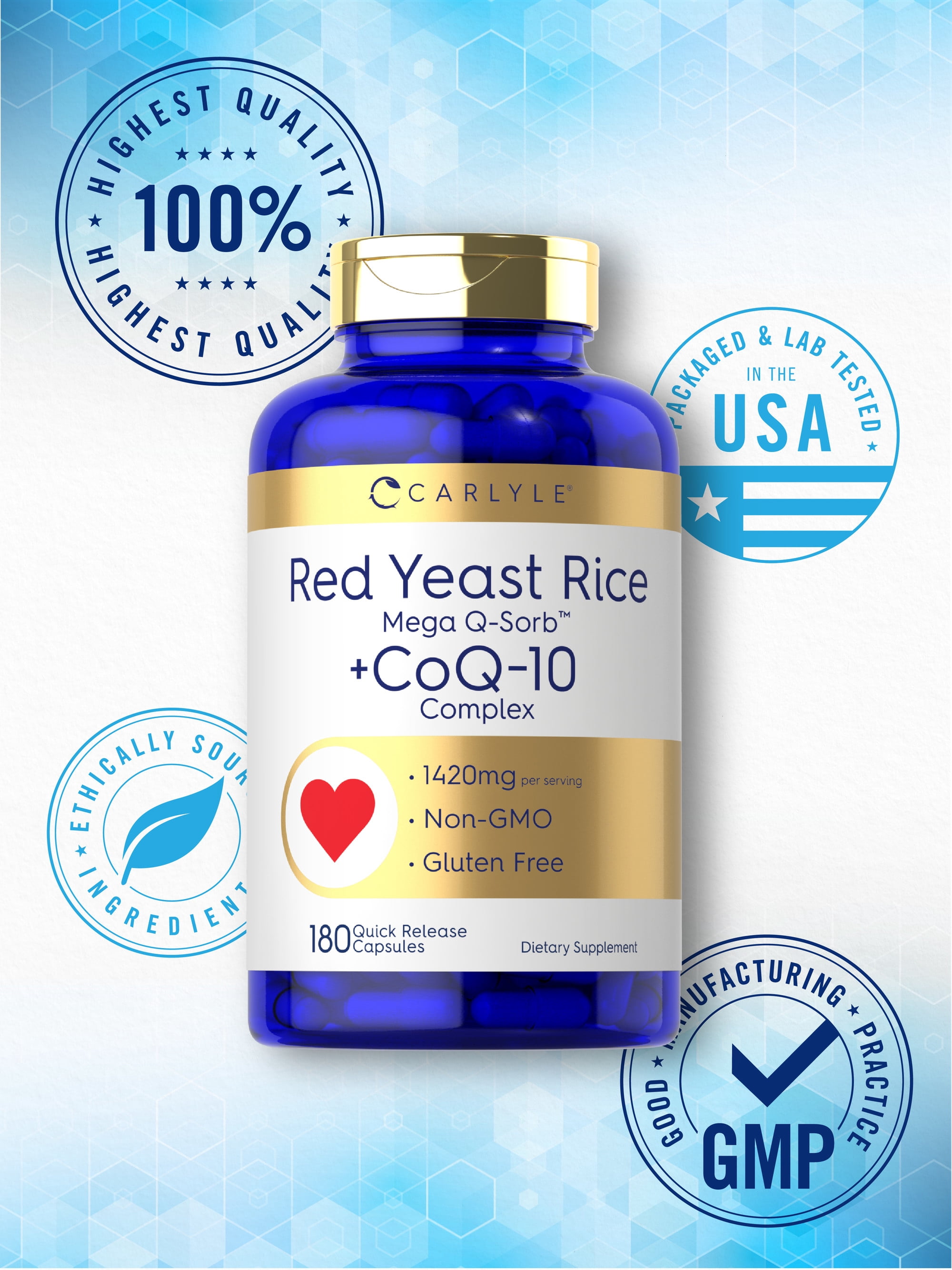 Red Yeast Rice with CoQ10 | 1420mg | 180 Capsules | by Carlyle