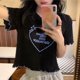 thumbnail image 3 of Letra de impresión gráfica corta Camiseta mujer casual moda manga corta cuello redondo superior para fiesta, 3 of 8