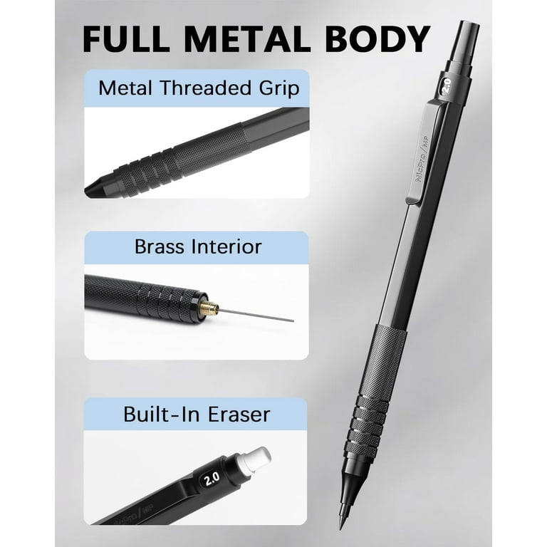 Nicpro Metalen 2.0 Mechanische Potlood Set met Case, 3 STKS Drafting Lead Houder met 10 Buizen 2mm Grafiet Lead Refill (HB 2H 4H 2B 4B) & Kleuren, Slijpers, Gummen voor Kunstenaar Schrijven