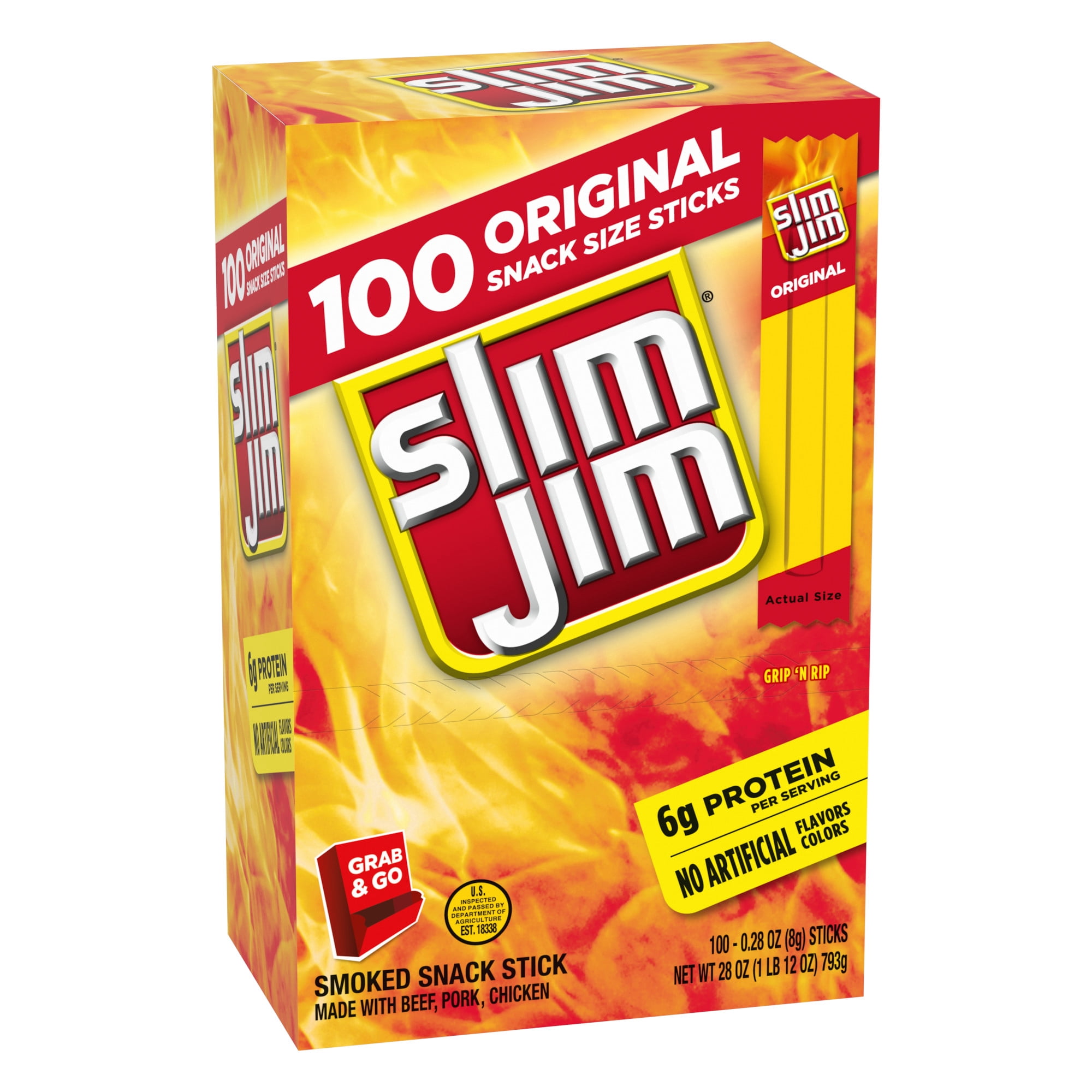 Slim Jim Smoked Meat Sticks, Original Flavor, 6g Protein Per Serving, 0.28 oz. (100-ct)