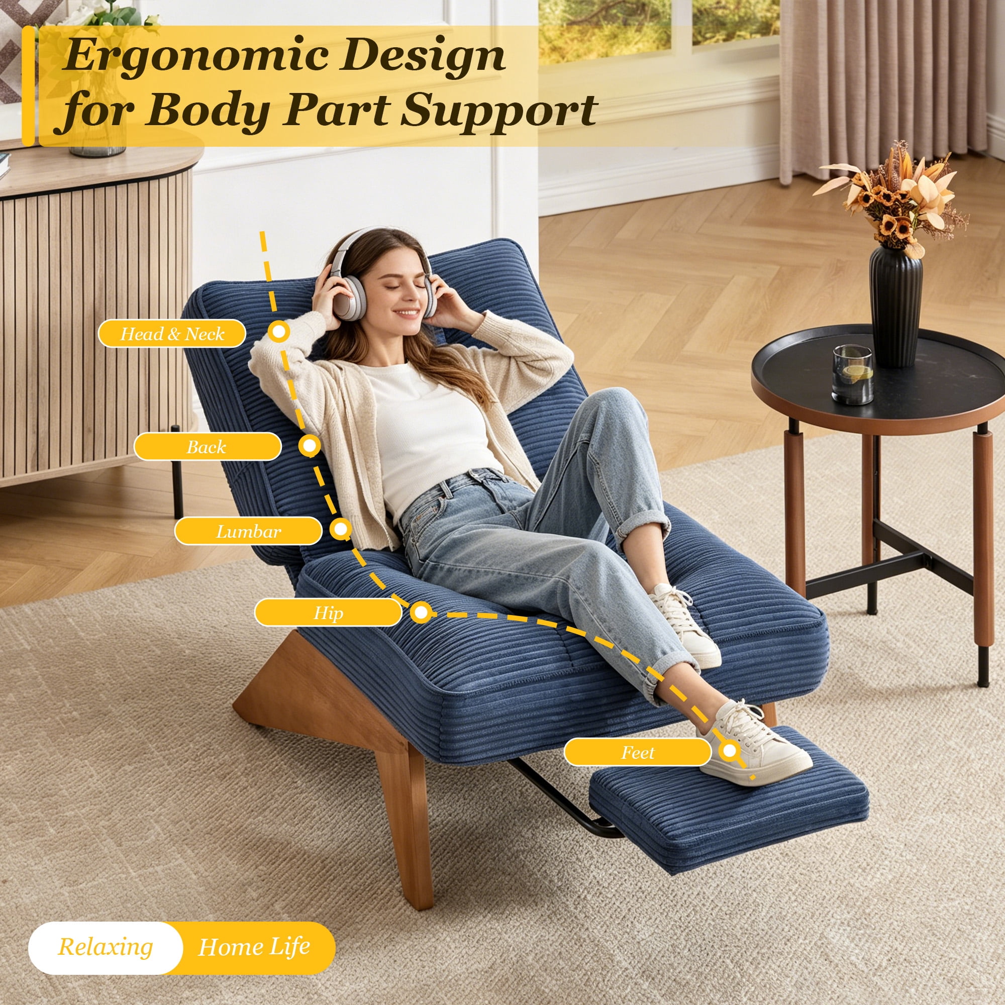 MOONMISS Modern Adjustable Lounge Chair with Footrest,Wooden Base Upholstered Recliner for Reading Rest Corduroy