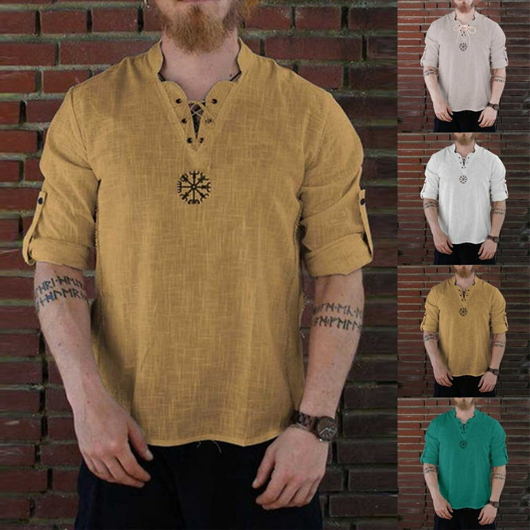 Medieval Viking Pirate Linen Top Shirt Men's Nordic T-shirt Cosplay Lace-Up  Tee