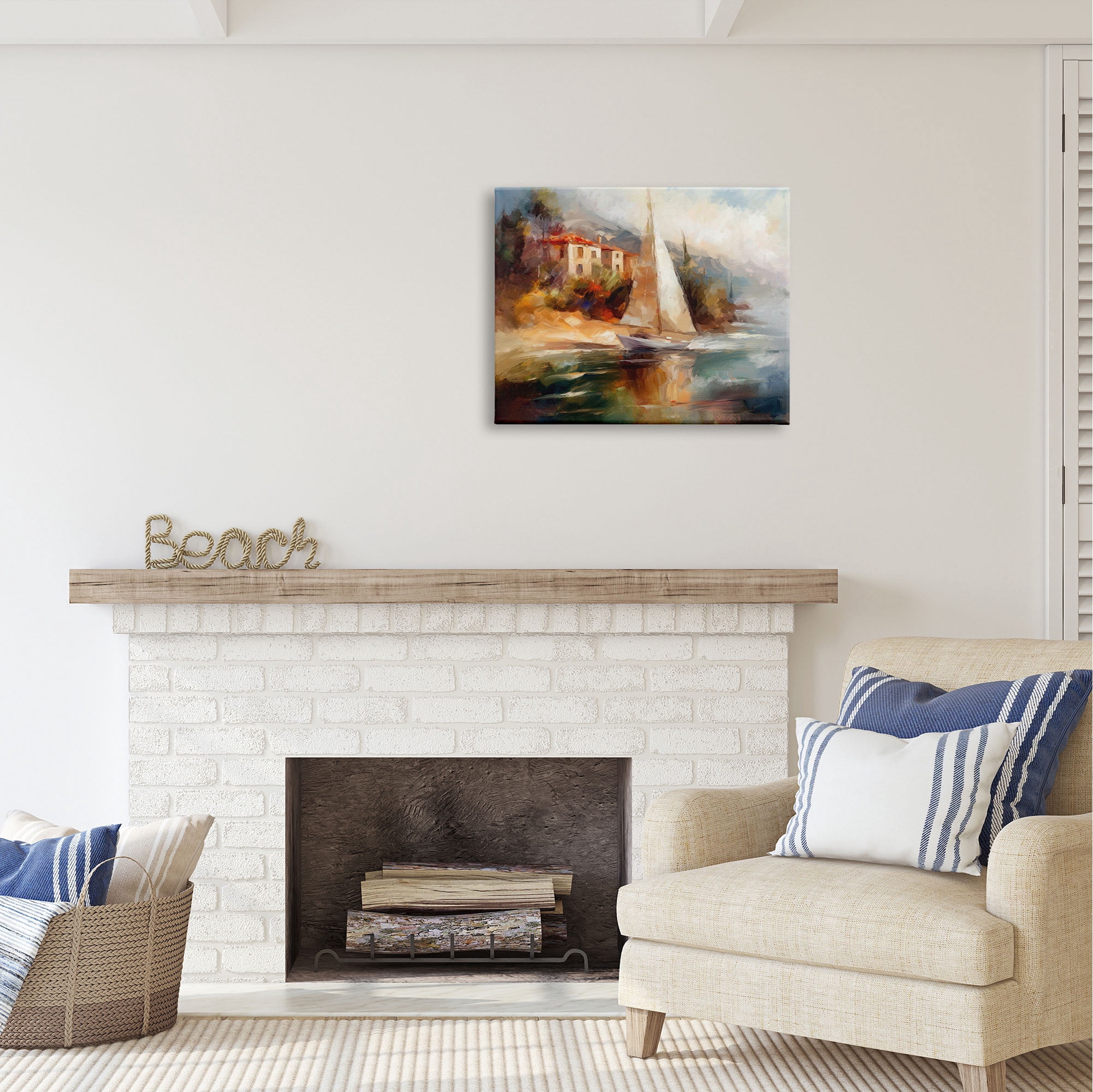 Stupell Industries Sailboat by Town Shore Transportation Painting Gallery Wrapped Canvas Print Wall Art, 30 x 24