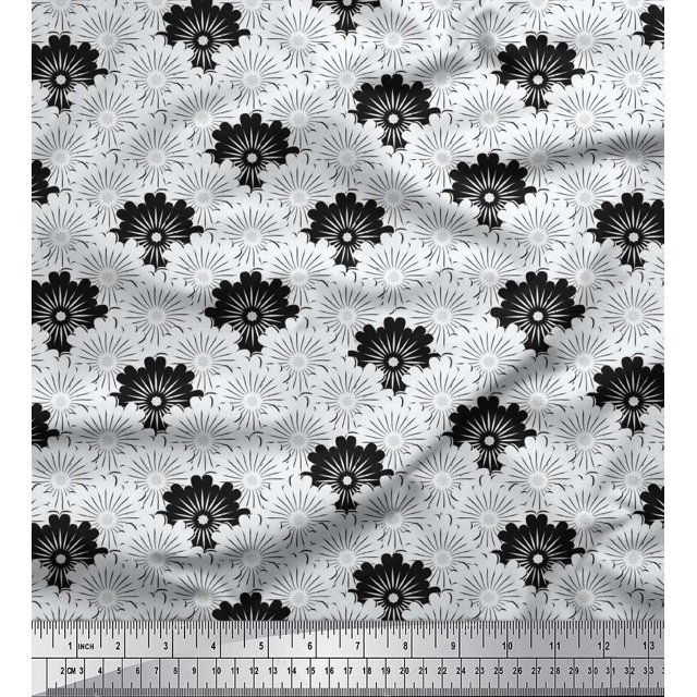 Soimoi Black polyester Crepe Fabric Artistic Floral & Scale Geometric Print Fabric by Yard 42 Inch Wide