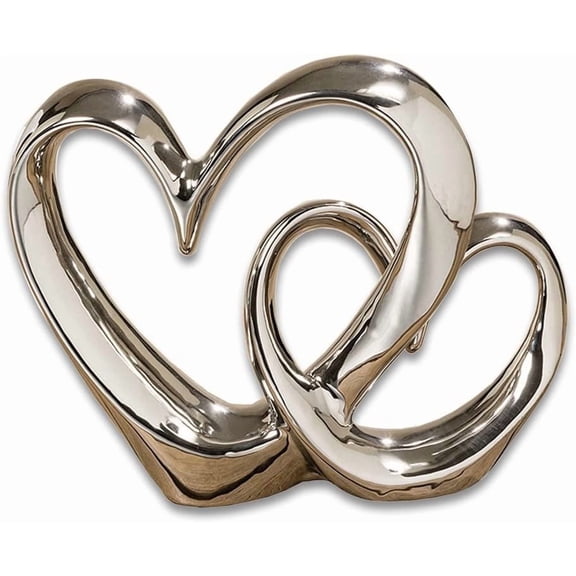 WHW Whole House Worlds Eternity Double Heart Sculpture, Decorative Modern Art, Silver Glazed Stoneware, 10 1/4 Inches