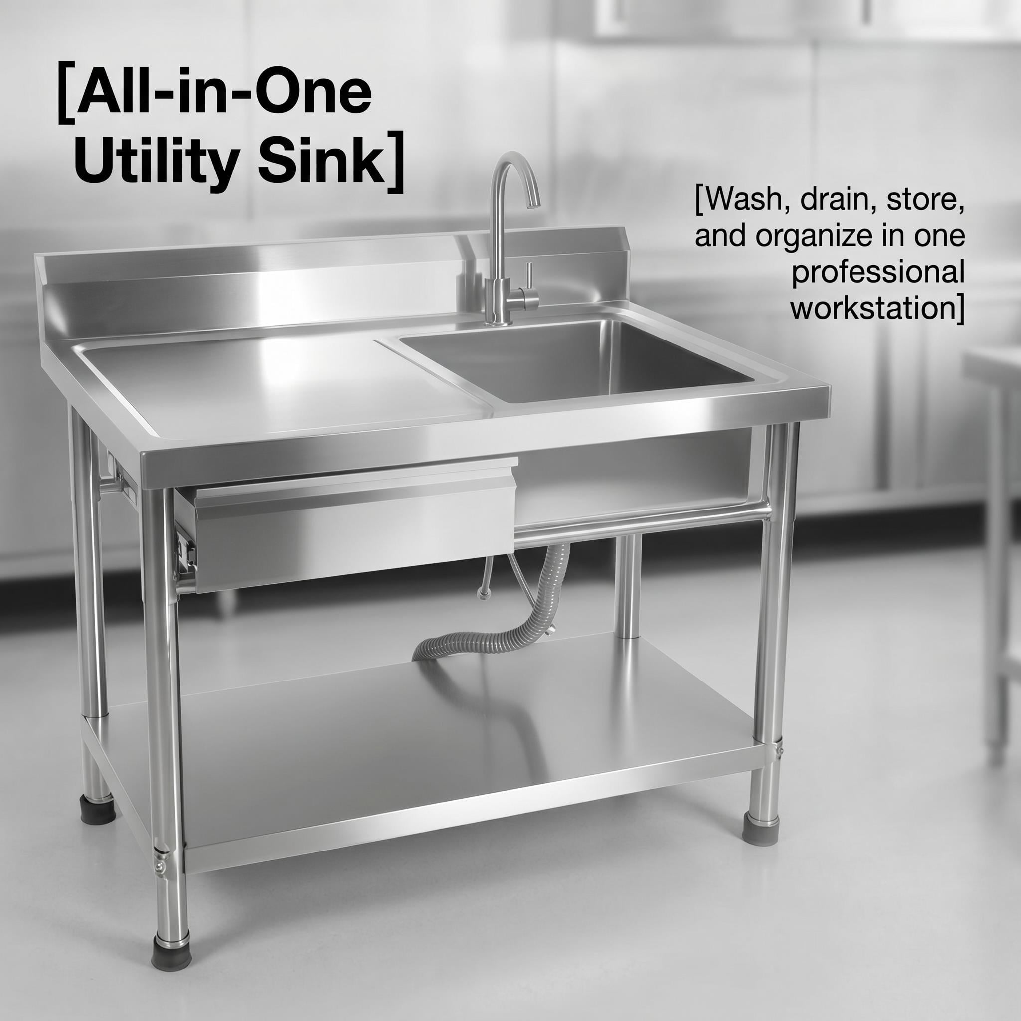 304 Stainless Steel Utility Sink, Commercial Restaurant Kitchen Sink for Restaurants Laundry Rooms and Home Use, Free Standing Stainless Steel Single Bowl with Drawer and Adjustable Lower Shelf
