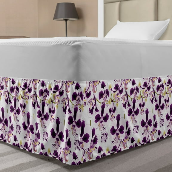Floral Bed Skirt, Phalaenopsis Orchid Flowers with Buds Tropical Plants Botanical Theme, Elastic Bedskirt Dust Ruffle Wrap Around for Bedding Decor, 4 Sizes, Dark Purple White Khaki, by Ambesonne