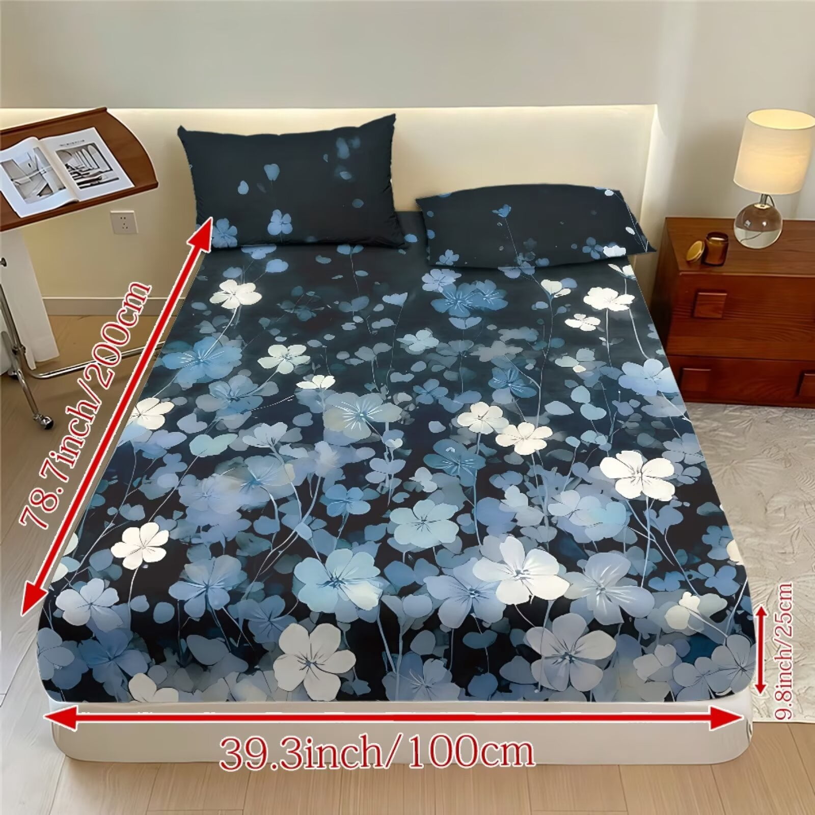ZIATUBLES Twin Sheet Set, 3 PCS Black Wildfloral Printed Soft Cozy Bed Sheet Set, Breathable 9.8" Standard Pocket, Easy Care Bedding for ‌All-Season Use(1 Fitted Sheet, 2 Pillowcase)