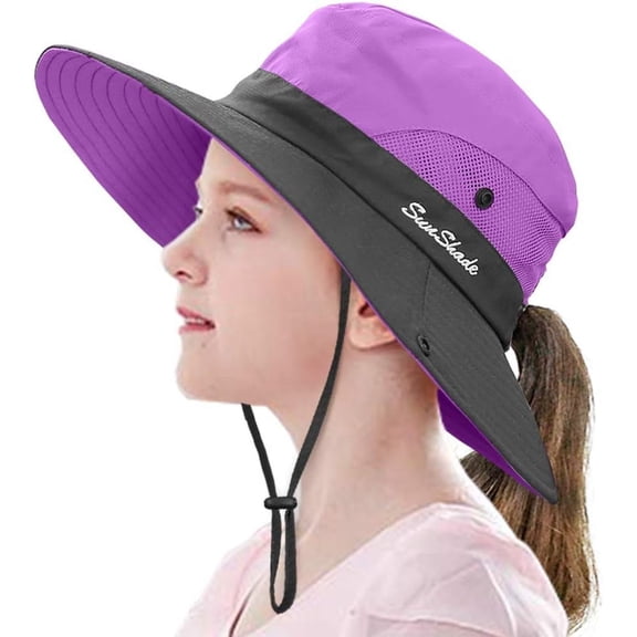 Minzimin Kids Ponytail Sun Hat Wide Brim UV Protection for Girls Beach Bucket Cap