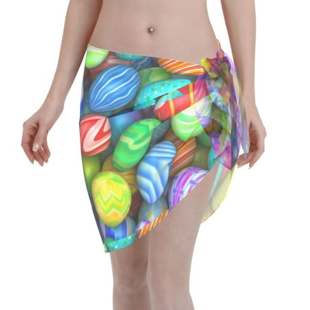 Qekee Colorful Easter Eggs1 Women s Short Sarongs Cover Ups Sheer Bikini Wraps for Swimwear