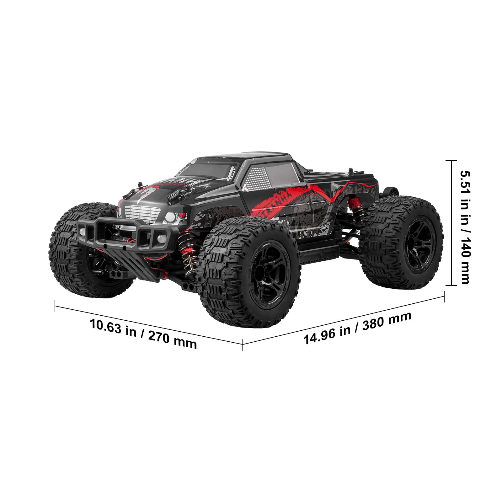 KFFKFF Wireless Operated Vehicle, RC Car in 1:10 Scale for Children, 4WD Monster Truck Capable of 45° Wheelie, Equipped with 2 Batteries, Capable of 38 km/h Speed - Perfect Present