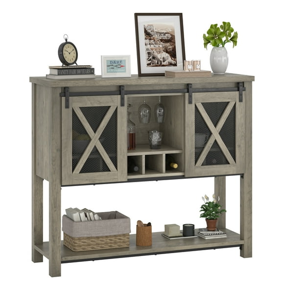 Armoire de Bar à Café, Buffet Bahut Armoire de Rangement avec Rangement, Armoire de Bar à Vin Style Ferme avec Casier à Verres à Vin, Armoire à Liqueurs Bar pour la Maison, Cuisine, Salle à Manger, Salon, Gris