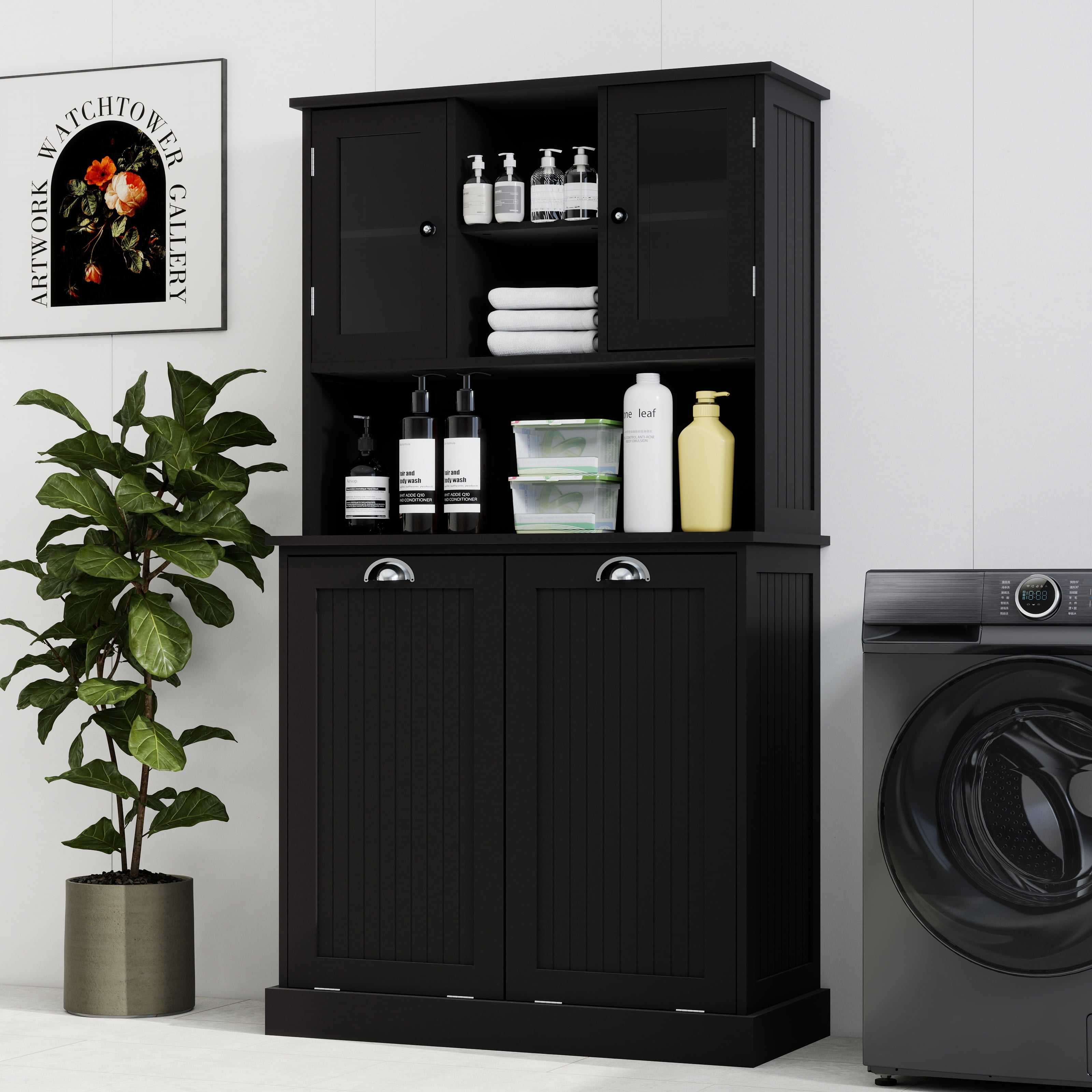 Mintazer Laundry Hamper Cabinet with 2 Compartment Tilt-Out Removable Laundry Baskets and Adjustable Shelves for Bathroom Laundry Room,Black
