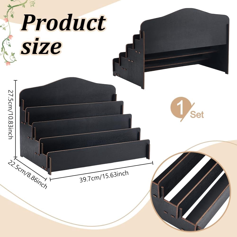 Greeting Card Display Stand Holder 4-Tier Wooden Organizer Display Rack Postcard Display Portable Birthday Card Display Sticker Display Stand for Vendors Counter Retail Display Holder Black