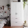 thumbnail image 3 of Wood White Wardrobe Closet with 2 Doors and 2 Drawers，Bedroom Freestanding Armoire Storage Cabinet with Shelves，Wooden Wardrobe Combination for Hanging Clothes, 3 of 6