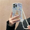 thumbnail image 3 of Funda para iPhone 13 Pro Max con flores moradas, a prueba de golpes, con purpurina y estampado floral, con pulsera de cadena de perlas, mariposa y corazón para mujer., 3 of 7