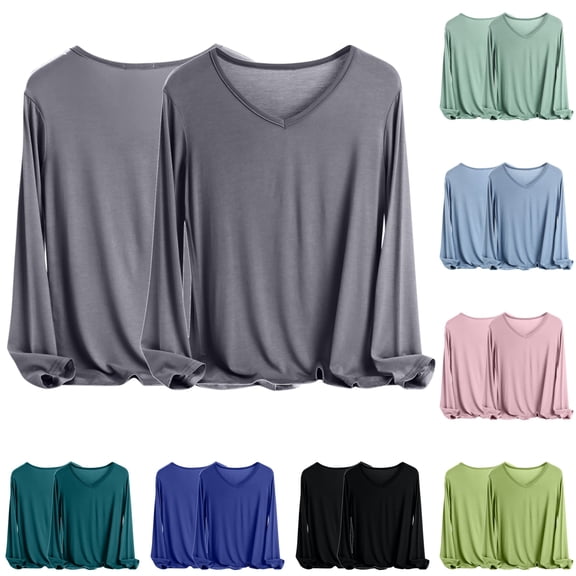 QIUOMBBP Long Sleeve Shirts for Women Solid Color V Neck Modal Pajamas Tops Soft Comfy Casual Loungewear Light Blue L