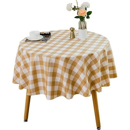 

Checkered PVC Round Tablecloth waterproof Oil Proof Anti-scald Tablecloth easy To Clean Table Cover For Kitchen picnic dining Room living Room garden-Light Brown-160cm