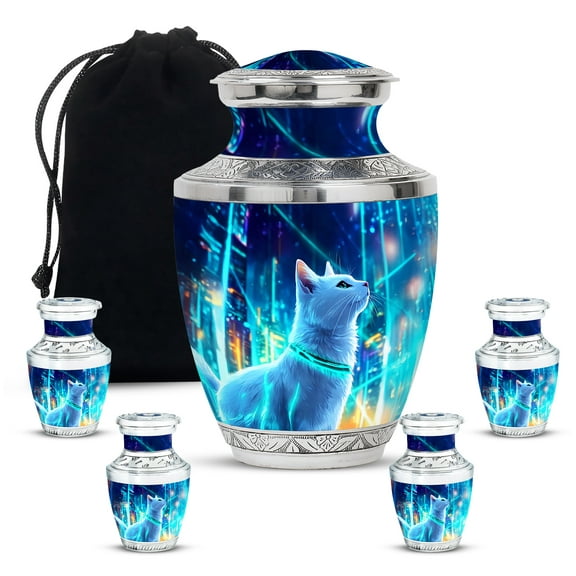 Yatskia White Cat Mini Cremation Urns for Human Ashes Adult Male and Female, Large Cremation Urn for Ashes Adult Dad, (Tasty 10 Inch and 3 Inch)