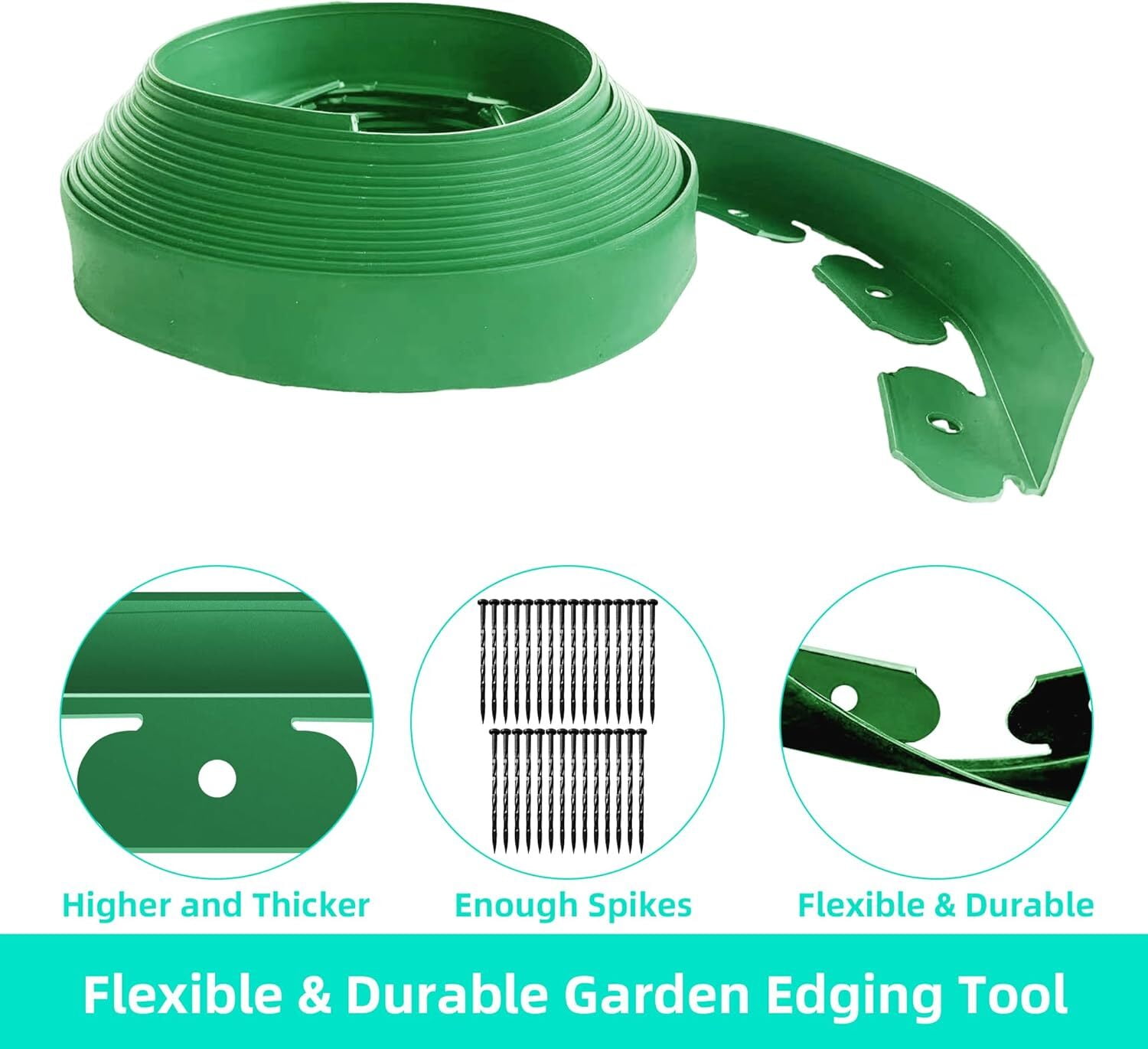 NefLaca Plastic Landscape Edging Kit, 2 inch x 33 Ft Garden Edging Border with Connectors, Hammer, Gloves and 30 Pcs Stakes for Garden Lawn Path Side-Green