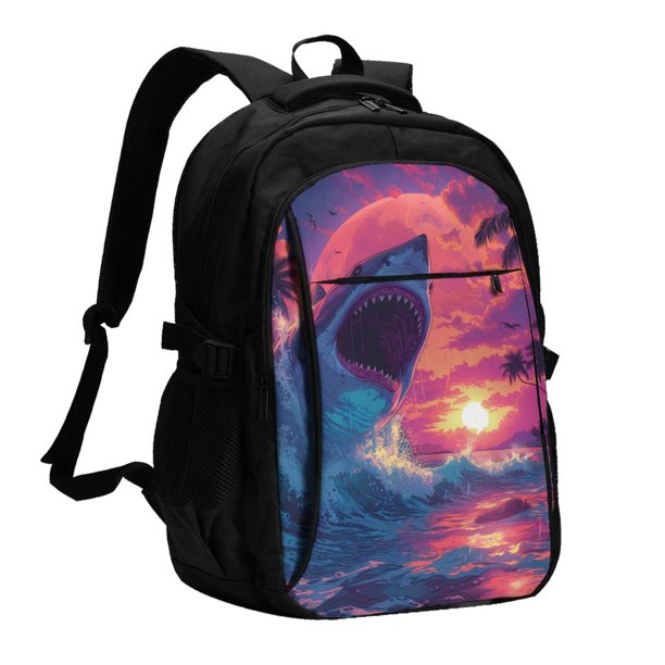 Balery Hawaiian Island Beach Shark Mochila con carga USB para hombre y mujer - Mochila impermeable y antirrobo para portátil con puerto USB para viajes, trabajo, estudios y universidad