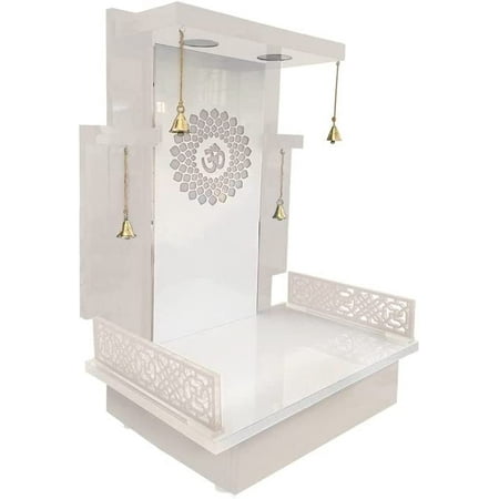 

PSQURMART Wooden White Modern Temple with LED Light for Home and OfficeHome TemplePuja MandirWall 48x30x16