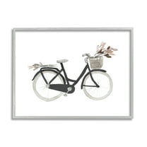 Stupell Industries Spring Floral Bicycle Basket Minimal over White Transportation Painting Gray Framed Art Print Wall Art, 16 x 20