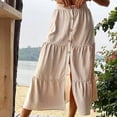 thumbnail image 6 of Womens Elastic High Waist Tiered Ruffle Midi Skirt Front Split Button Down Solid Boho Long Skirt for Summer Casual Wear Khaki XL(XL), 6 of 7