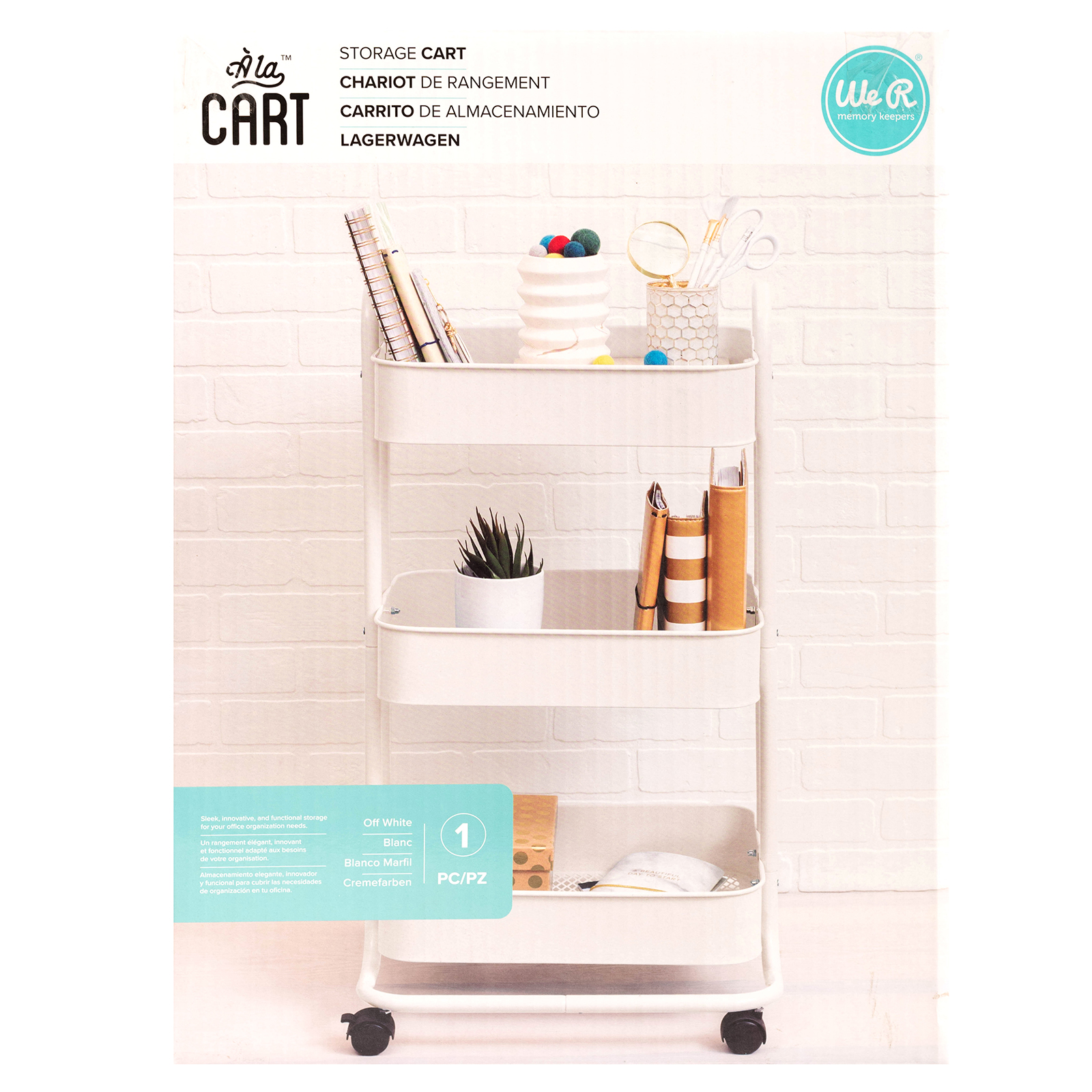 3-Tier Steel Rolling Storage Cart, 36 1/2" x 17" x 17", With Handles, Off White - image 2 of 4
