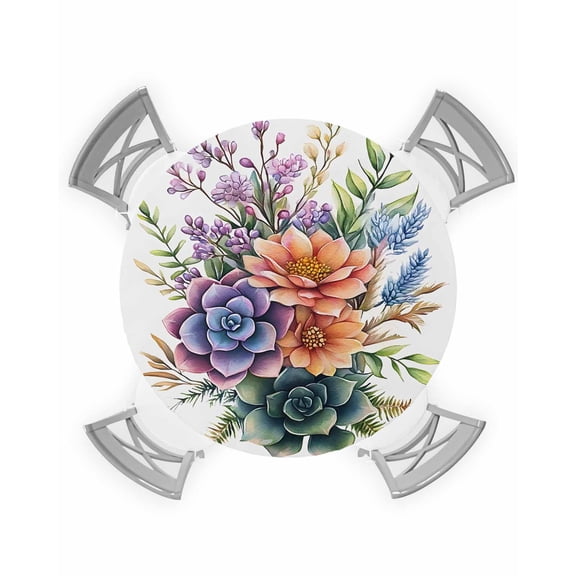 nqOlkjepod Spring Floral Succulents Round Tablecloth, Fitted Table Cover with Elastic for 36"-44" Round Tables, Botanical Flowers Watercolor Table Cloth Outdoor Dinning Party Waterproof Tablecloths