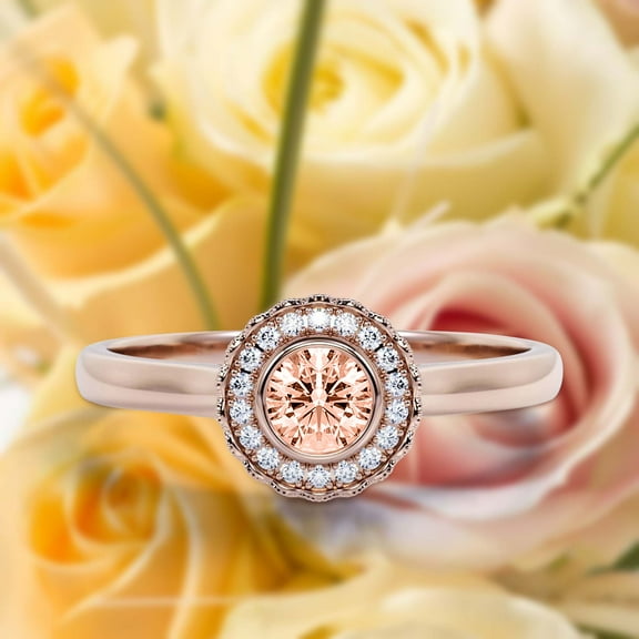 Beautiful 1.10 Carat Round Cut Antique Morganite And Diamond Moissanite Engagement Ring, Floral Halo Wedding Ring in Silver With 18k Rose Gold Plating, Gift For Her, Promise Ring, Anniversary Gift