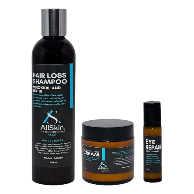 Kit antiedad con crema facial, roll on para contorno de ojos y shampoo anticaída