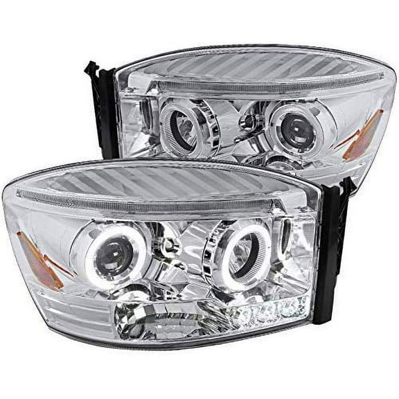 LED Halo Projector Headlight Replacment Chrome Housing Clear Lens Made For And Compatible With 2006 - 2008 Dodge RAM 1500 2500 3500 06 07 08