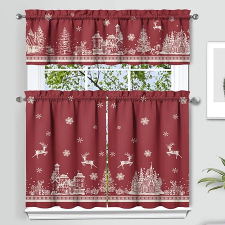 Christmas Kitchen Curtains and Valances Set of 3 Red Christmas Elk Snowflake Christmas Kitchen Decor  Winter Xmas Curtains and Valances Short Curtain Set for Kitchen Bedroom Holiday Decor 36 Inch