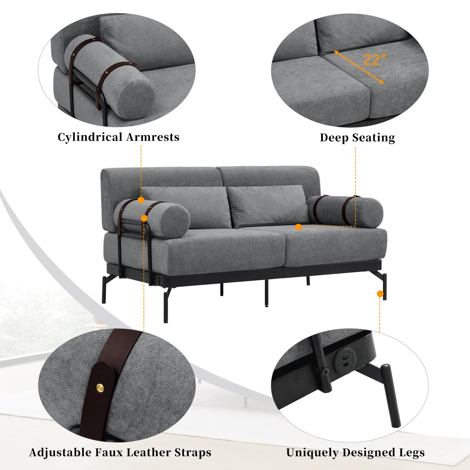 59" Loveseat Sofa with USB Ports,Modern Sofa Couch 2-Seater Sofa with 2 Pillows,Cylindrical Armrests for Living Room Bedroom Apartment,Grey