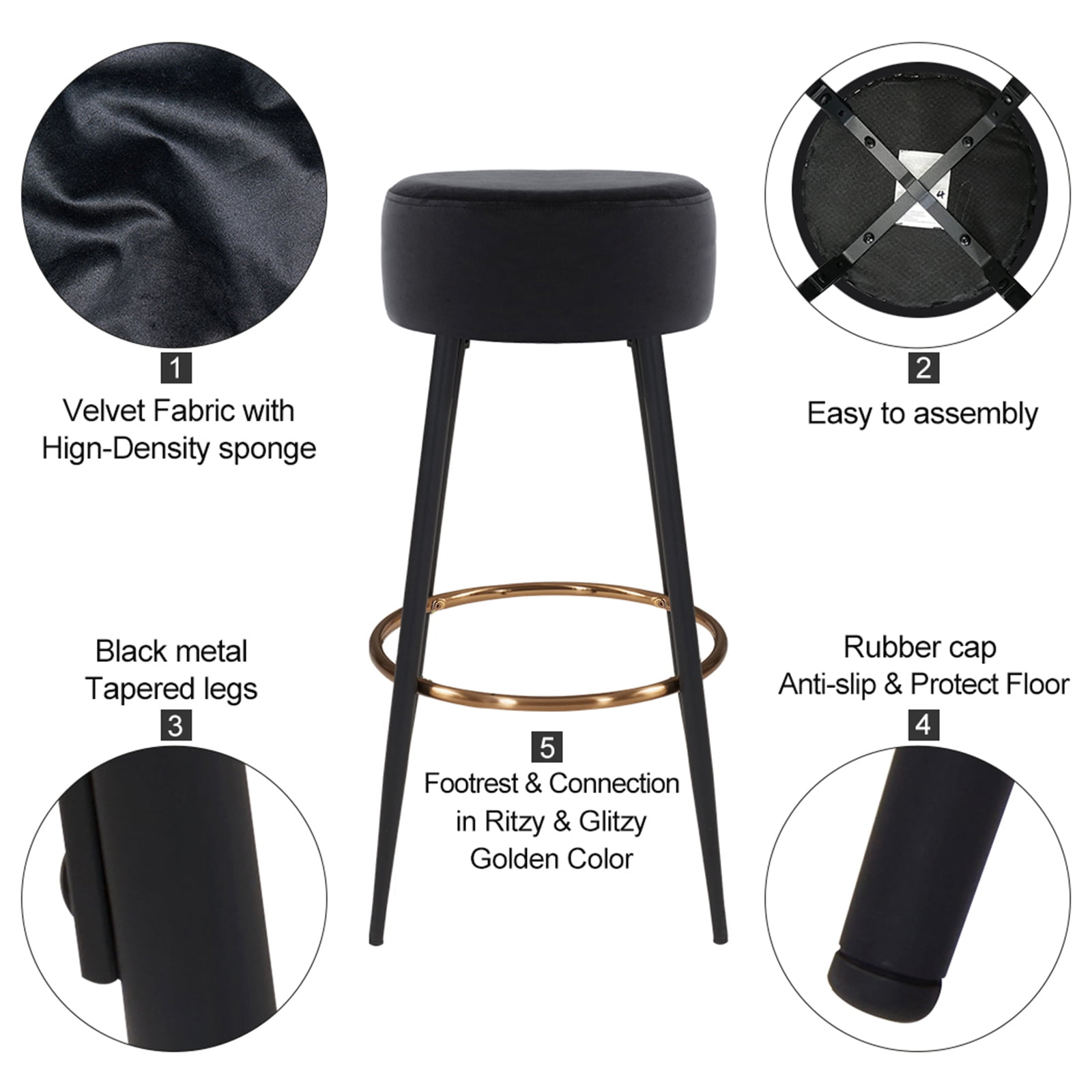 Duhome Elegant Lifestyle Modern 30" Round Velvet Bar Stool Upholstered Kitchen Counter Stool Set of 2 Black