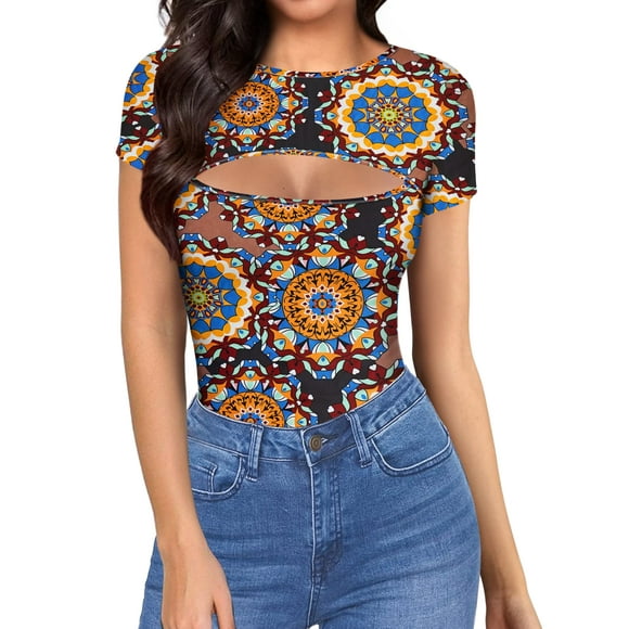 ALGALAROUND Women's Cutout Tops Basic Long Sleeve/Short Sleeve Round Neck Slim Fit T-Shirts (Short Sleeve 21-2#Mandala Large)