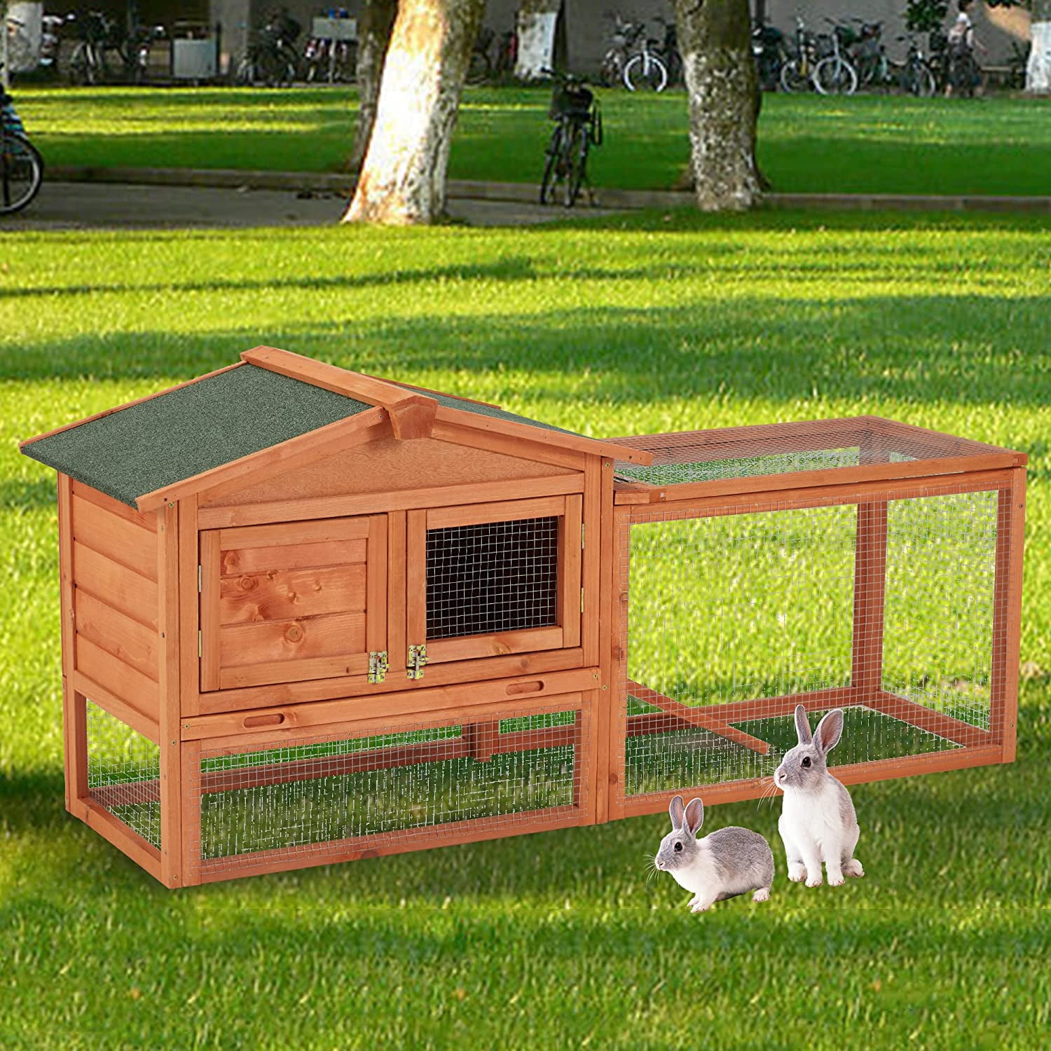 Wooden Rabbit Hutch, 2Tiyer Indoor Outdoor Pet House with Pull Out