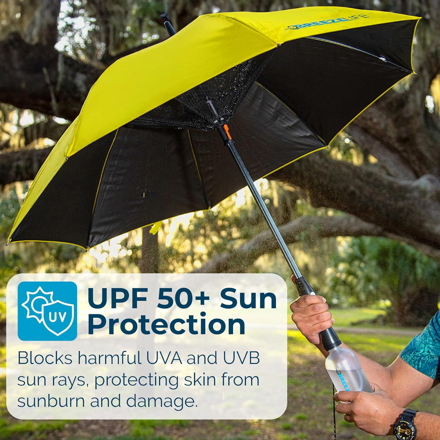 BREEZE LIFE Golf Umbrella with Fan and Mister. Portable misting and shade that blocks 99.9% of UVA and UVB rays UV sun protection and cooling at festivals, beach, and sporting events. (American Flag)