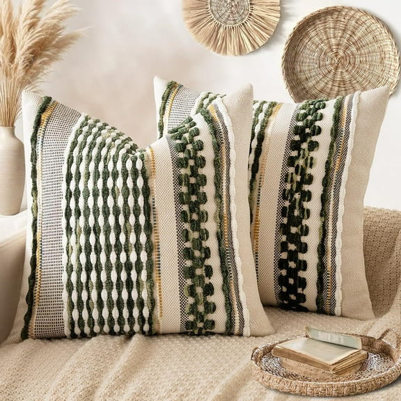 Pack of 2 Boho Decorative Throw Pillow Covers 18x18 Farmhouse Cushion Case Striped Chenille Cases Square Accent Neutral Pillowcase for Sofa Couch Bed, Olive Green Stripe
