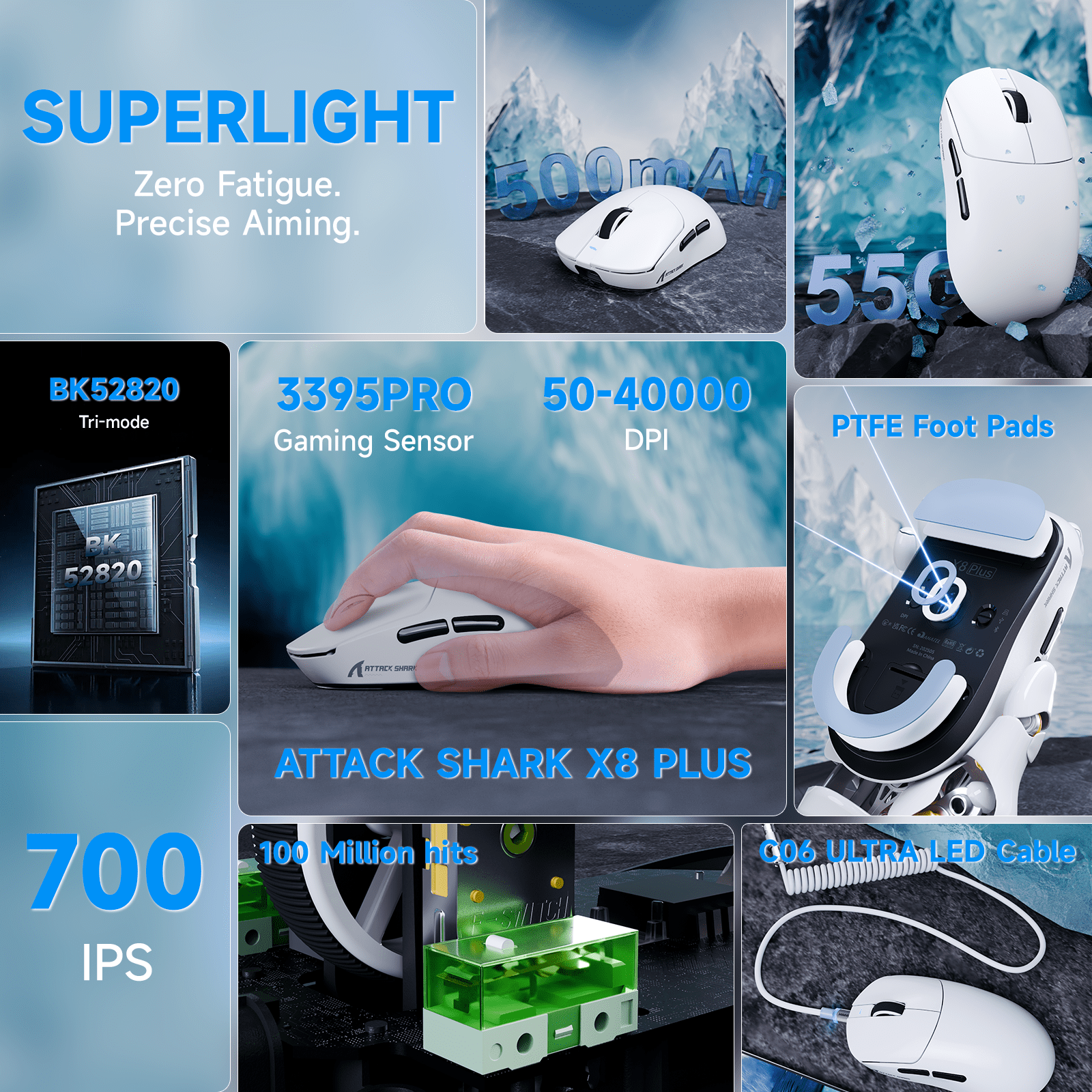 ATTACK SHARK X8PLUS Tri-mode Wireless Gaming Mouse With C06 ULTRA Cable