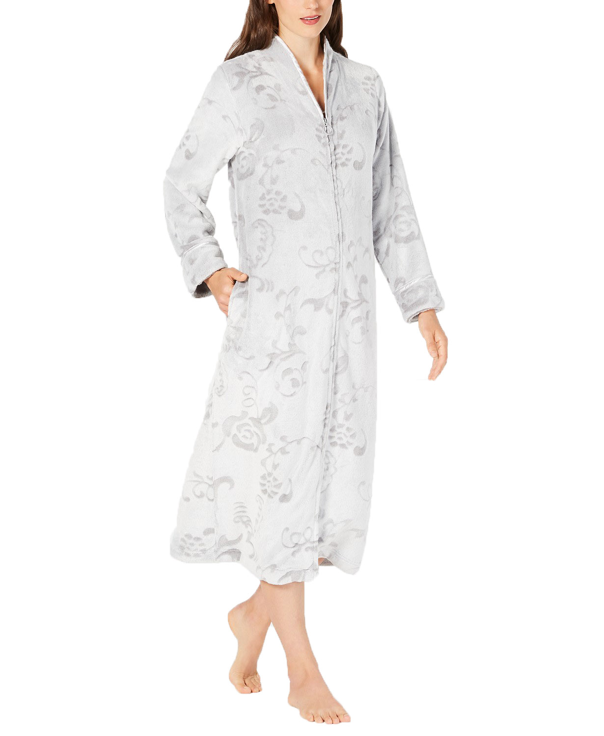 Charter Club Womens Scroll-Patterned Long Zip Robe (Rose Scroll, Medium) -  