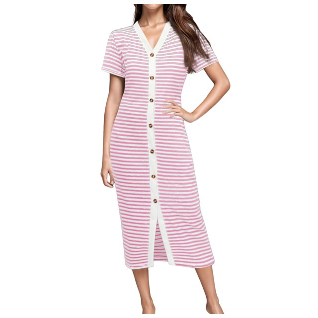 GYUJNB Robe Décontractée à Manches Longues pour Femmes Robes d'Automne 2024 Robes Midi Rayées Robes Décoratives en Tricot Côtelé à Boutons