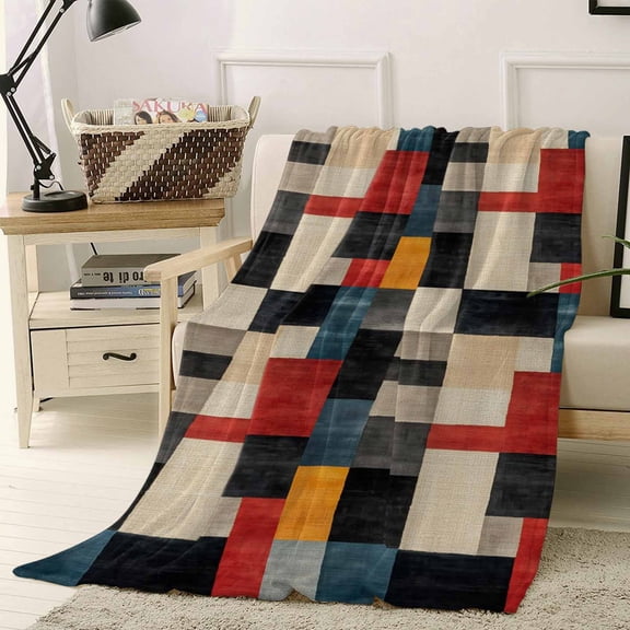 Fleece Blanket Black Red Color Block Blankets, Soft Cozy Warm Flannel Throw Blanket, Abstract Geometric Blanket for Bed Couch Sofa,40x50In
