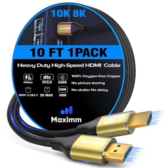 Maximm HDMI 2.1 Cable 10 Feet, Gold, 8K 60Hz 4K 120Hz Ultra High Speed, 48Gbps, eARC, Dolby Vision