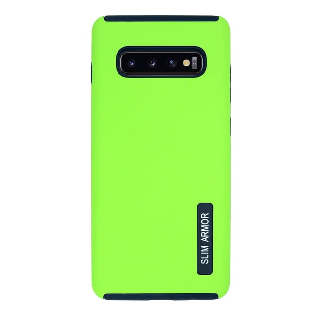 funda new case doble capa para samsung galaxy s10 plus limon funda 2 capas color verde ATTI, vista trasera centrada con recorte horizontal para cámara triple, bordes negros contrastantes, etiqueta SLIM ARMOR en esquina inferior y fondo blanco; incluye mica, no incluye equipo.