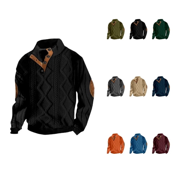 Men's Autumn/Winter Casual Button-Up Stand Collar Hoodie Sweatshirt with Quarter-Zip, Striped Elbow Patches, Long Sleeve Pullover Sweater