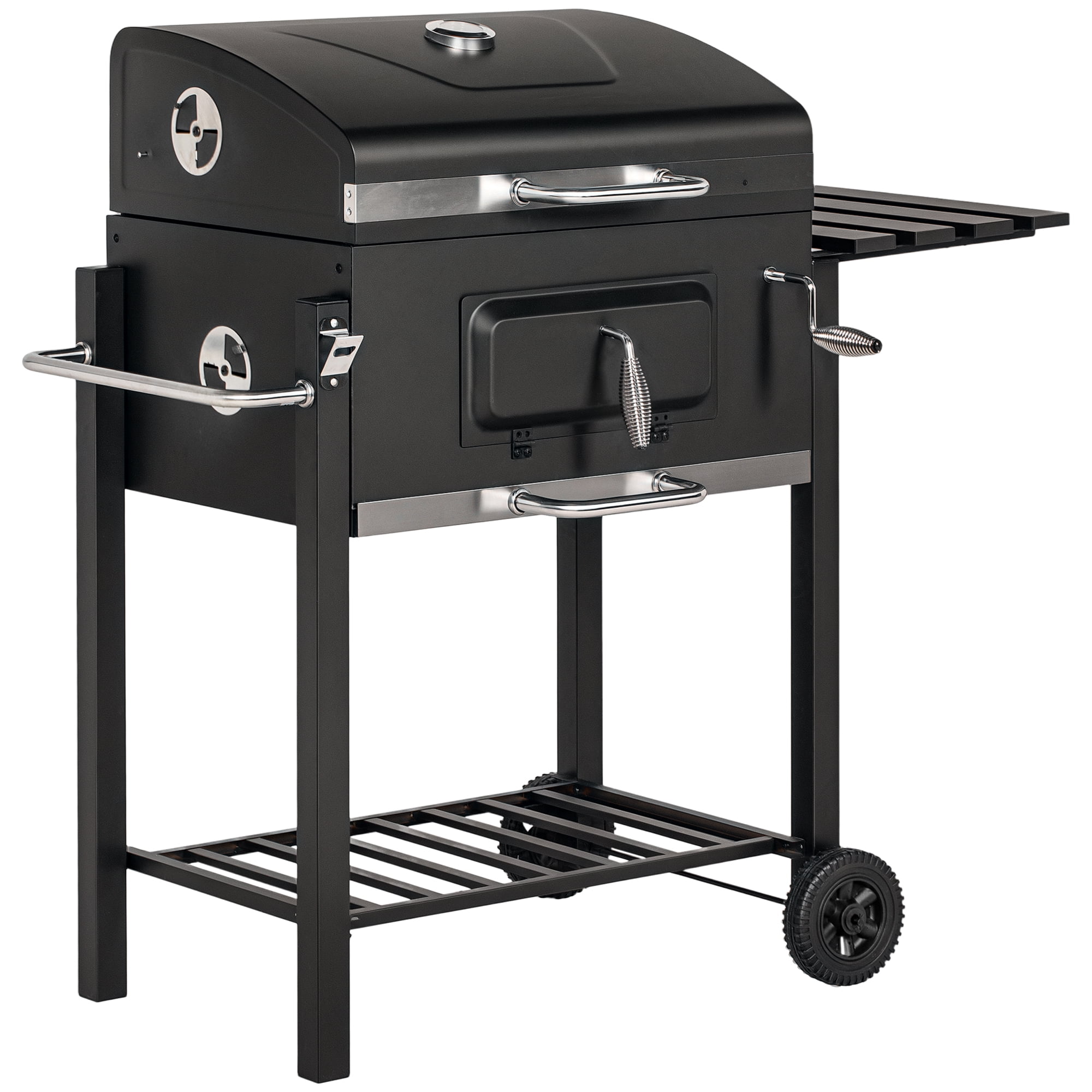 Outsunny Charcoal BBQ Grill, Outdoor Portable Cooker for Camping or Backyard Picnic with Side Table, Bottom Storage Shelf, Wheels and Handle, Black