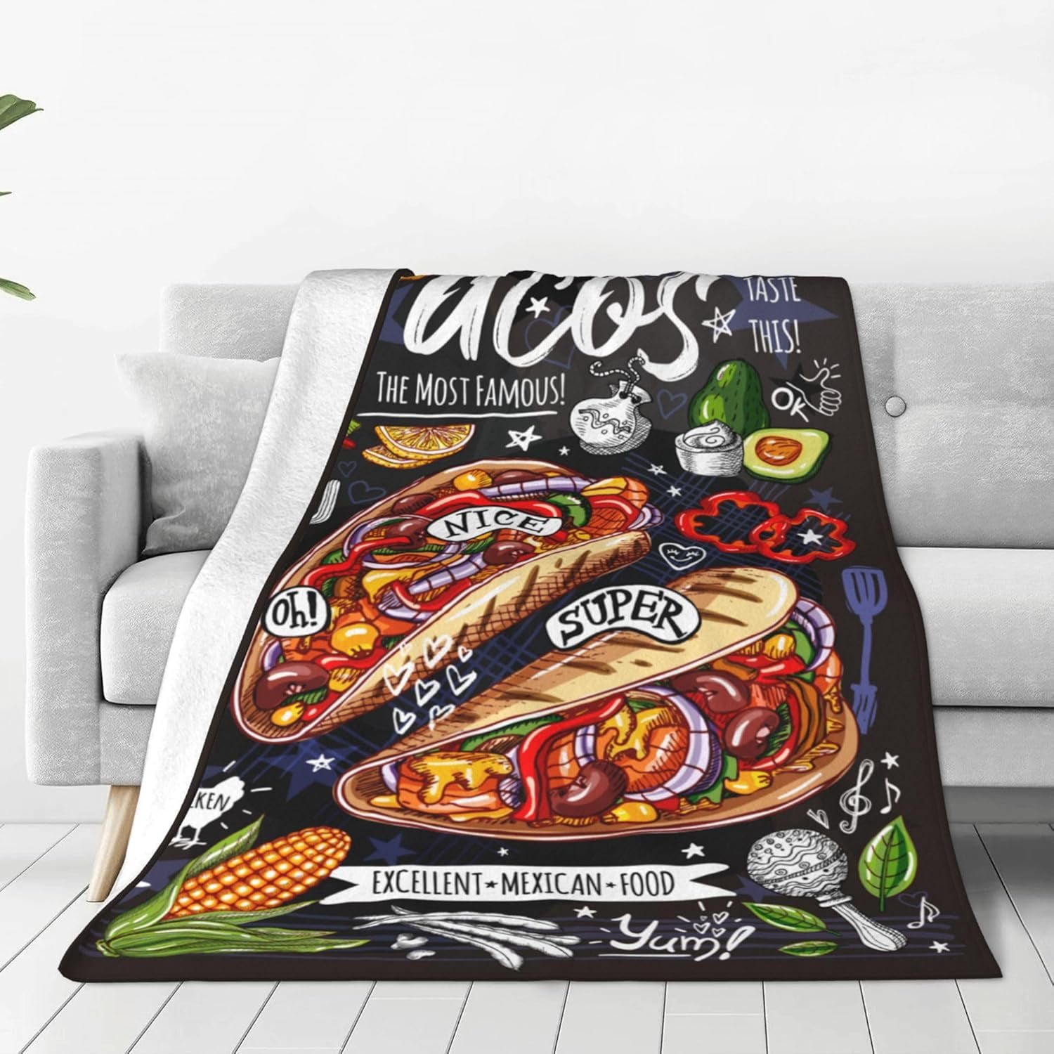 Taco Throw Blanket Funny Fast Food Poster Mexican Cuisine Burritos Blankets Gifts for Adults Kids Soft Warm Lightweight Cozy Living Room Bedding Couch Decor Cartoon Throws 50x60in